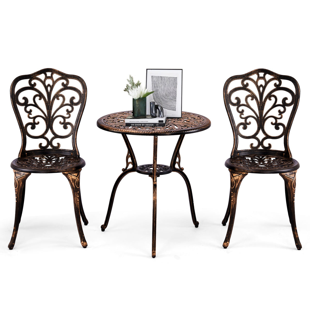 3-piece cast aluminum outdoor bistro set with table and two chairs on a patio