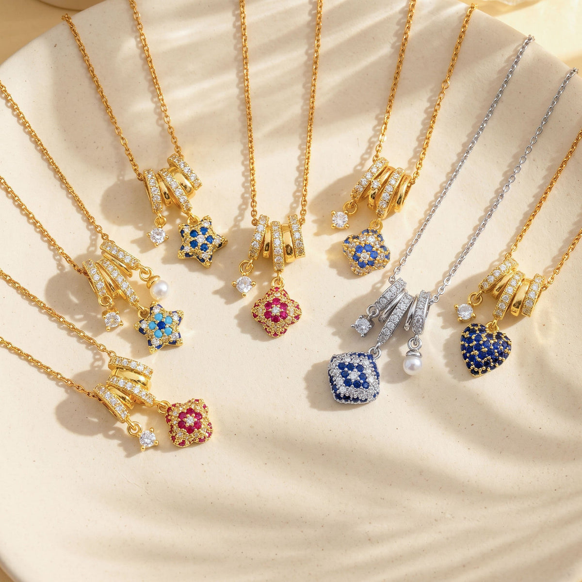 Micro pavé zircon geometric pendant necklace in clover, heart and star shapes