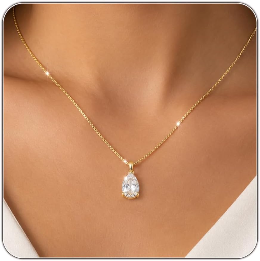 Dainty Cubic Zirconia Pendant Necklace in 14K Gold and Silver Plated styled on collarbone