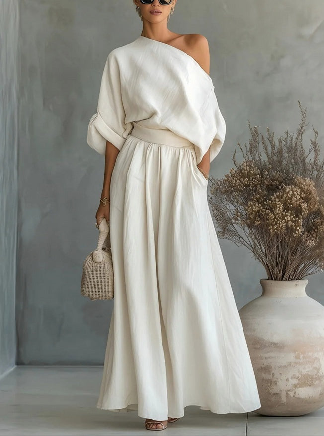 Linen one-shoulder top and wide leg pants two-piece set, full outfit front view