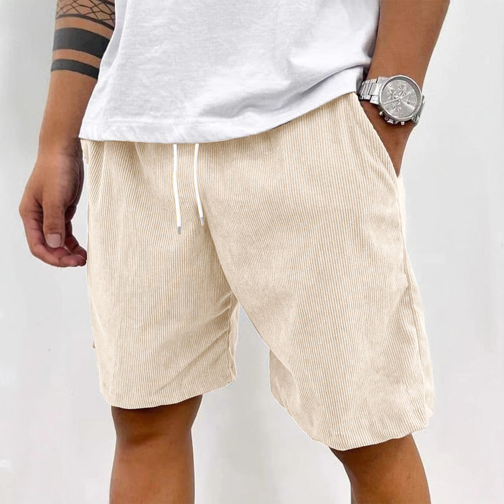 Men's beige corduroy drawstring shorts - casual summer pants with pockets