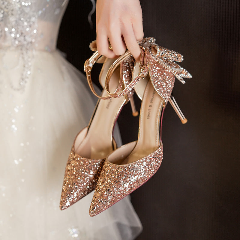 Sequin bow closed-toe stiletto pumps for women’s evening outfits