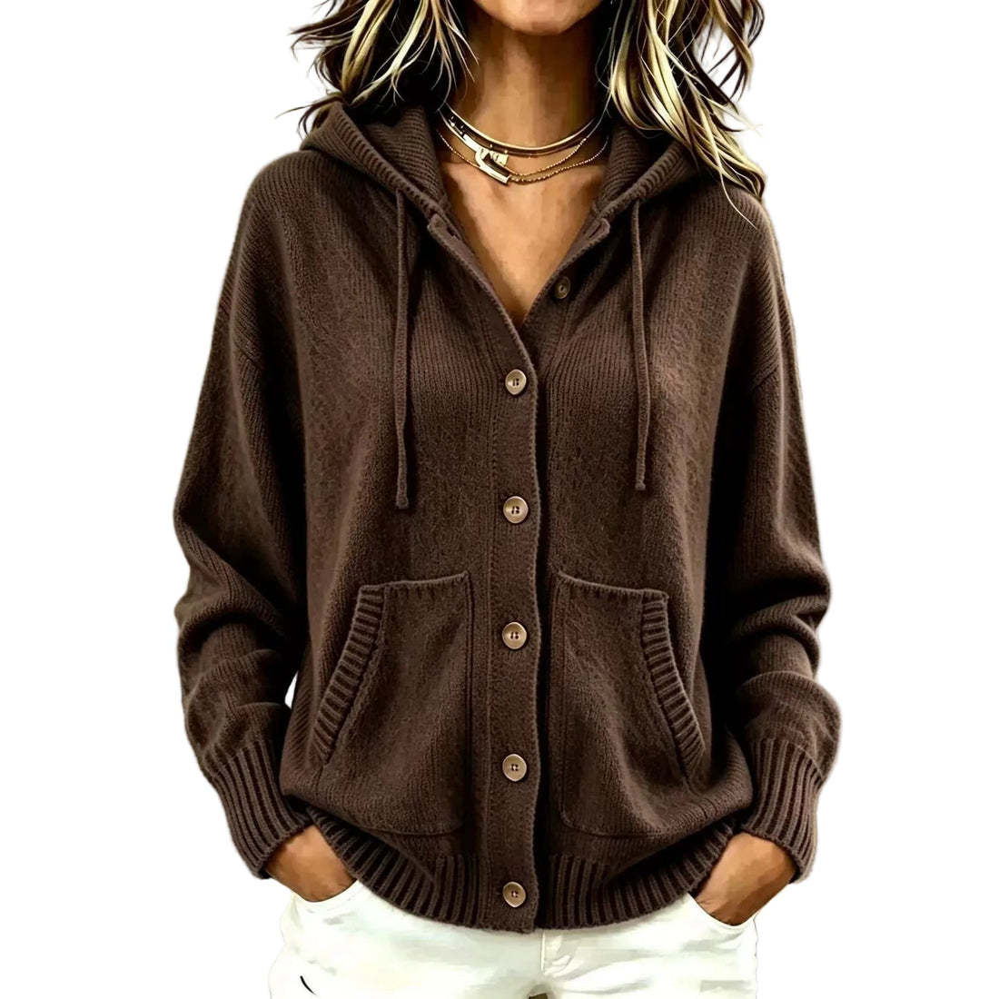Hooded zip-up knit cardigan for women, front view
