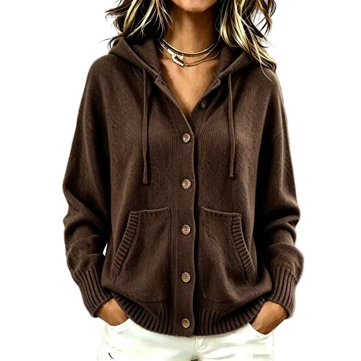 Hooded zip-up knit cardigan for women, front view