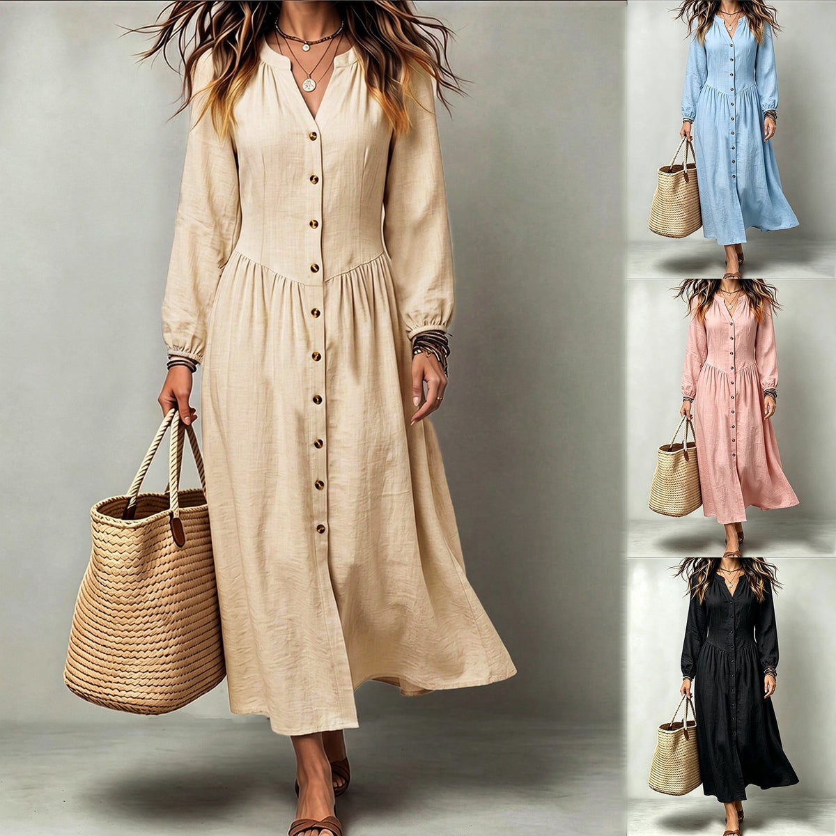 Long sleeve stand collar maxi dress with ruffle hem, full-length front view