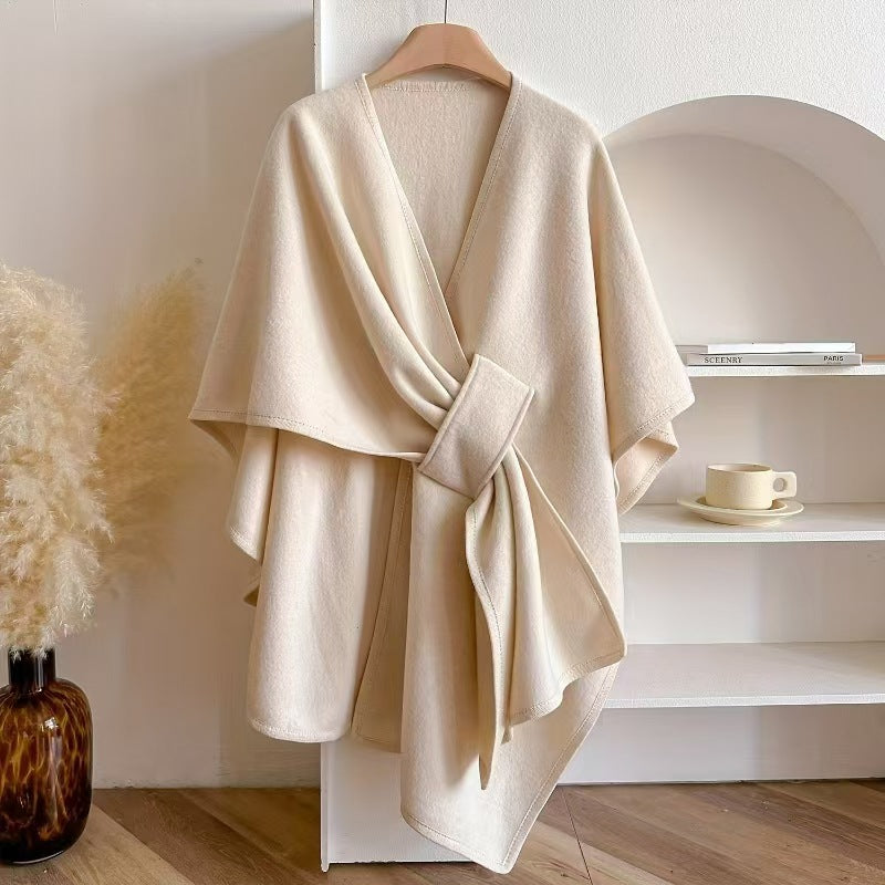 Women's Faux Fur Collar Knitted Shawl Cape with pom pom ties styled for winter