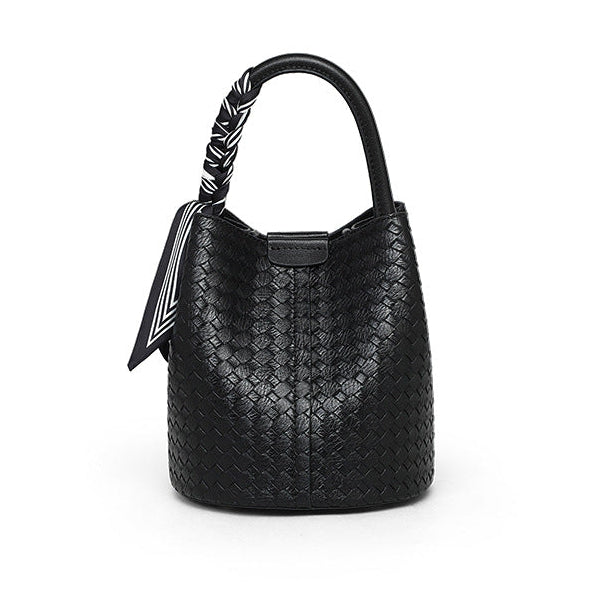 Black genuine leather woven bucket bag for women