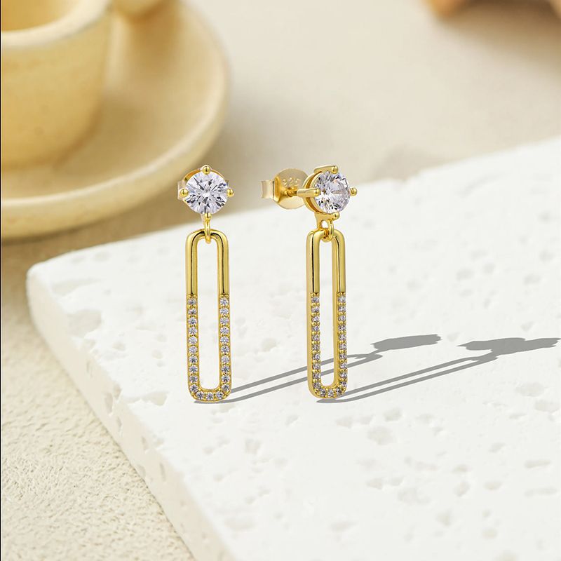 S925 sterling silver paperclip huggie earrings with 14K gold plating and zircons