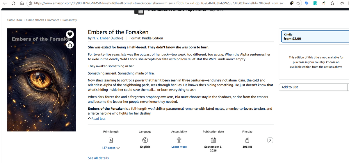 Embers of the Forsaken wolf shifter paranormal romance book cover by N. Y. Ember