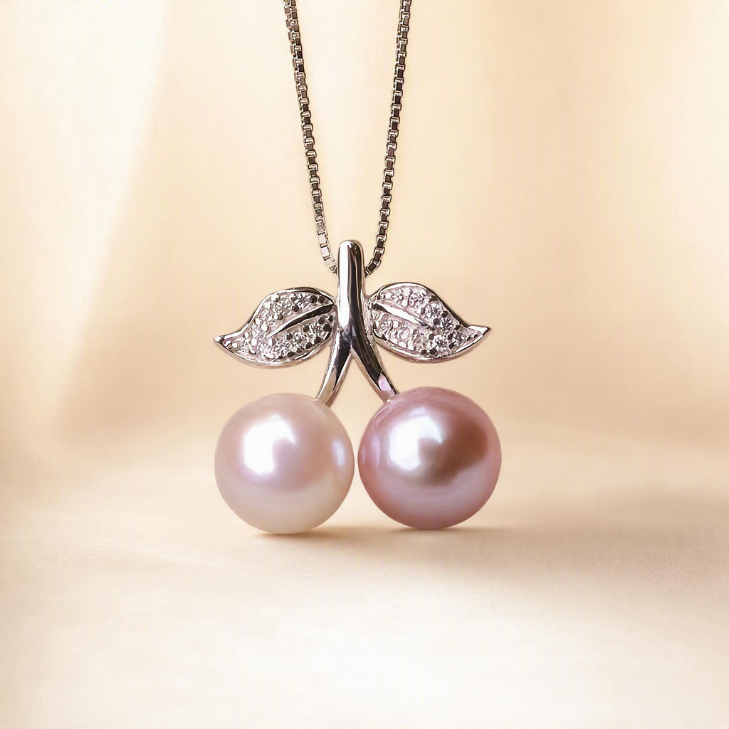 Double Pearl Cherry Necklace | Dual-Tone Freshwater Pearl Pendant Necklace