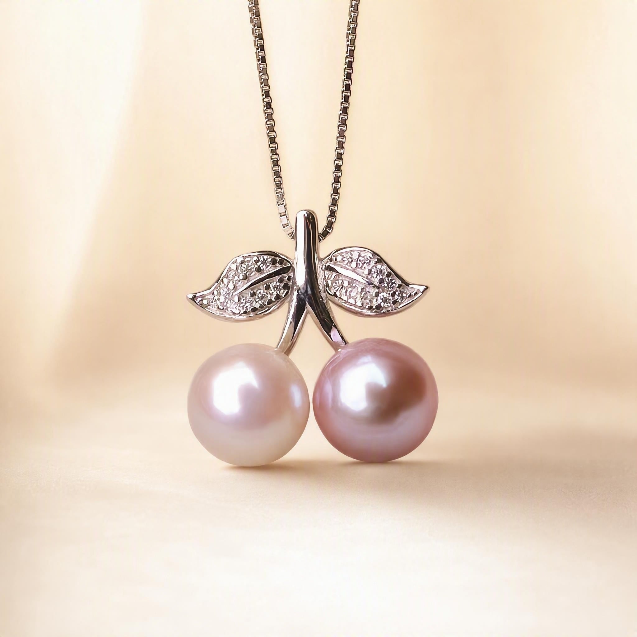 Double Pearl Cherry Necklace | Dual-Tone Freshwater Pearl Pendant Necklace
