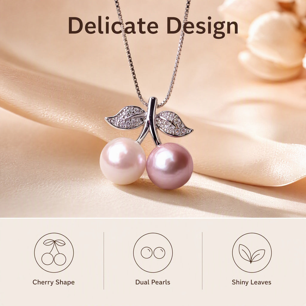 Double Pearl Cherry Necklace | Dual-Tone Freshwater Pearl Pendant Necklace