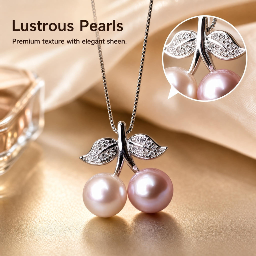 Double Pearl Cherry Necklace | Dual-Tone Freshwater Pearl Pendant Necklace