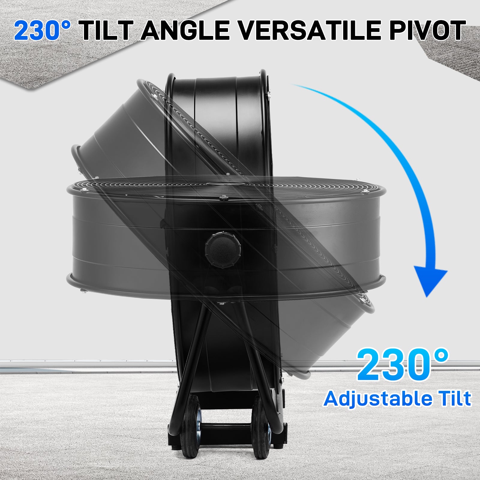 US Standard MLD-30 Industrial Drum Fan, 30 Inch 110V 230W High Velocity Floor Fan, 3 Speed Heavy Duty Black Metal Air Circulator, Adjustable Tilt with Outer Double Wheels, Copper Motor Single Side Support for Warehouse Commercial Use