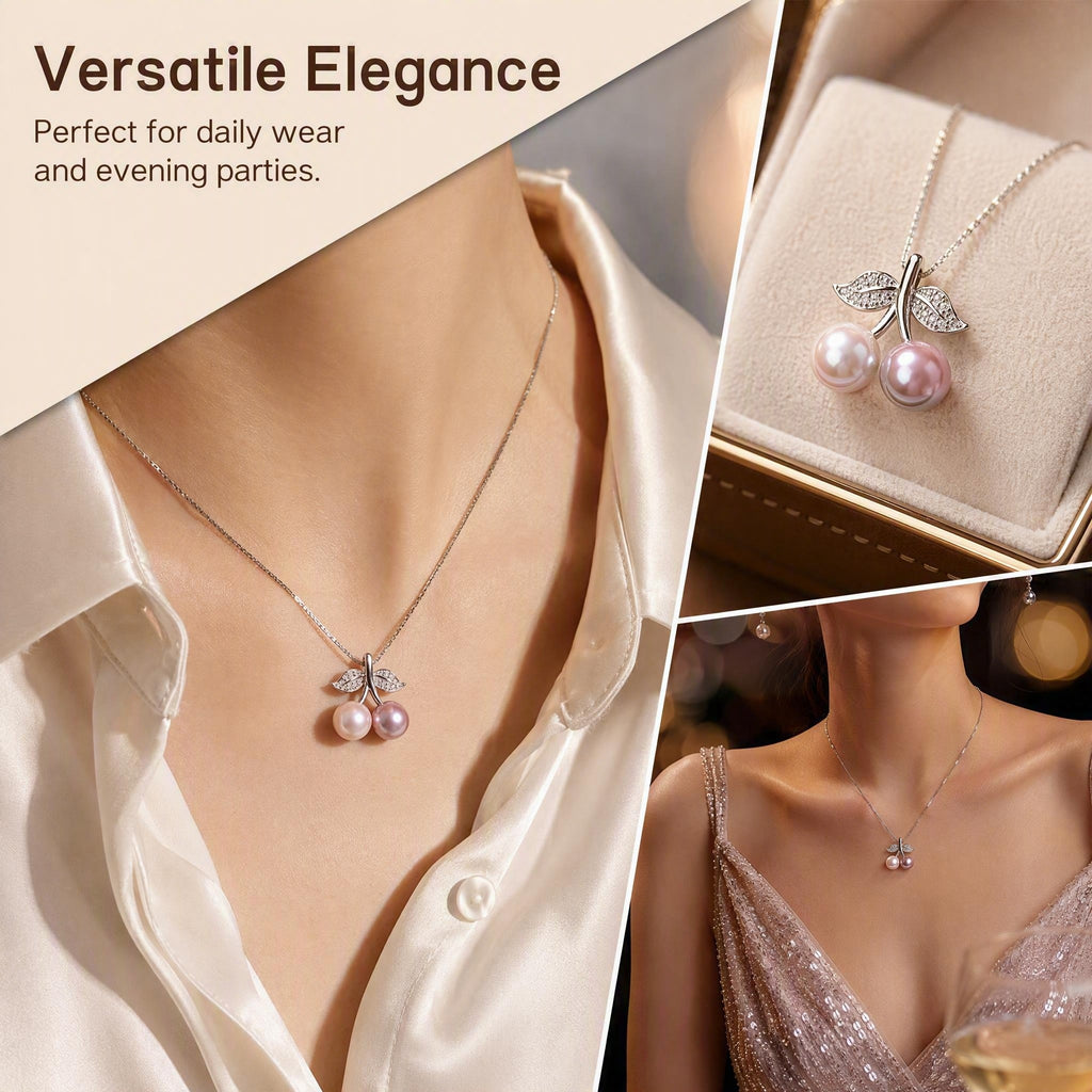 Double Pearl Cherry Necklace | Dual-Tone Freshwater Pearl Pendant Necklace