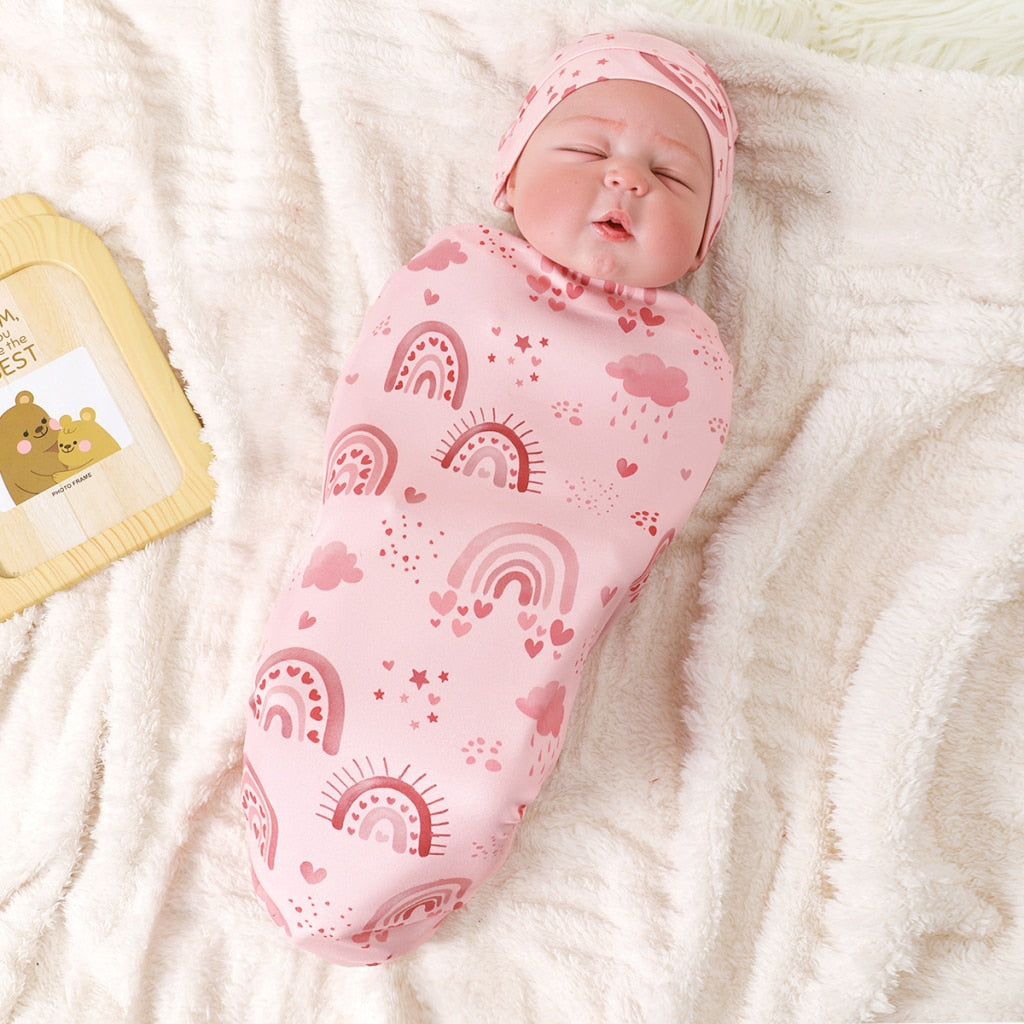 Mommbaby Newborn Swaddle & Hat Set – Soft Cartoon Print, US Stock, 3-Day Delivery
