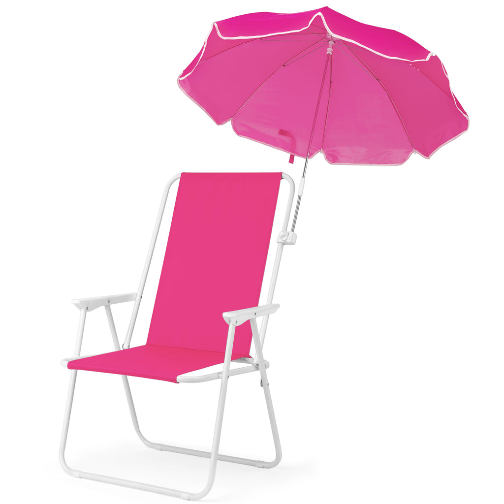1 Pack Folding Beach Chair with Umbrella, XL Size, 15" Seat Height, Barbie Pink, Steel Spring Chair with Cross Bar, Oxford Cloth, 120kg Capacity