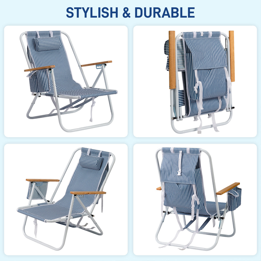 4-Position Adjustable Backpack Beach Chair, Foldable Rustproof Aluminum Frame Lounge Chair with Wooden Armrest, Side Storage Pockets & Detachable Pillow, 24"×22"×37" Outdoor Patio Camping Lawn Chair Holds up to 265 LBS, Blue White Vertical Stripe