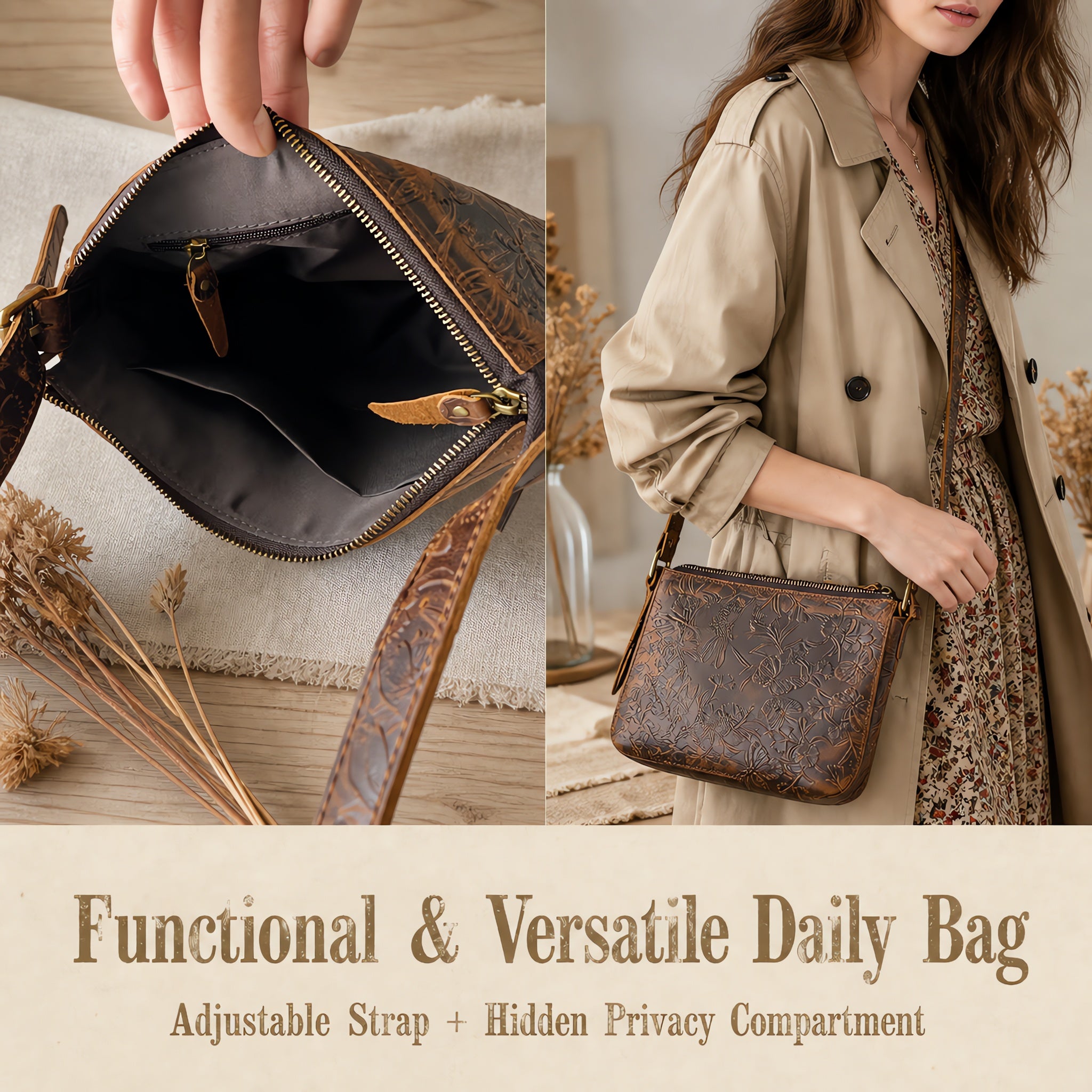 Premium Cowhide Embossed Crossbody Bag