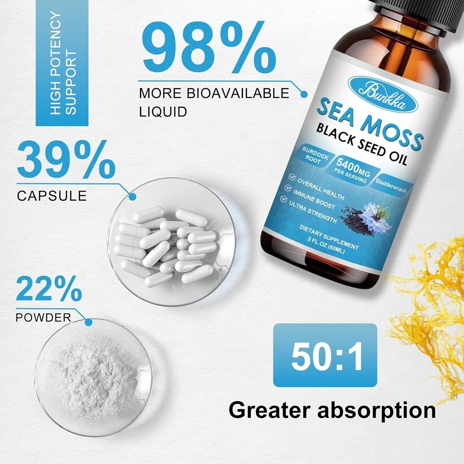 Sea Moss 3000mg + Black Seed Oil 1000mg Liquid Drops – Burdock Root & Bladderwrack | WildRush