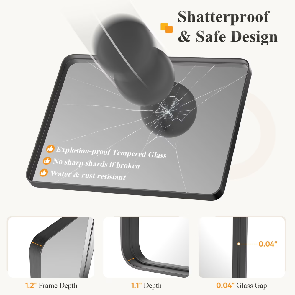 24" x 36" Anti-Fog Bathroom Wall Mirror – Shatterproof, Black Rectangular Metal Frame | Free US Shipping