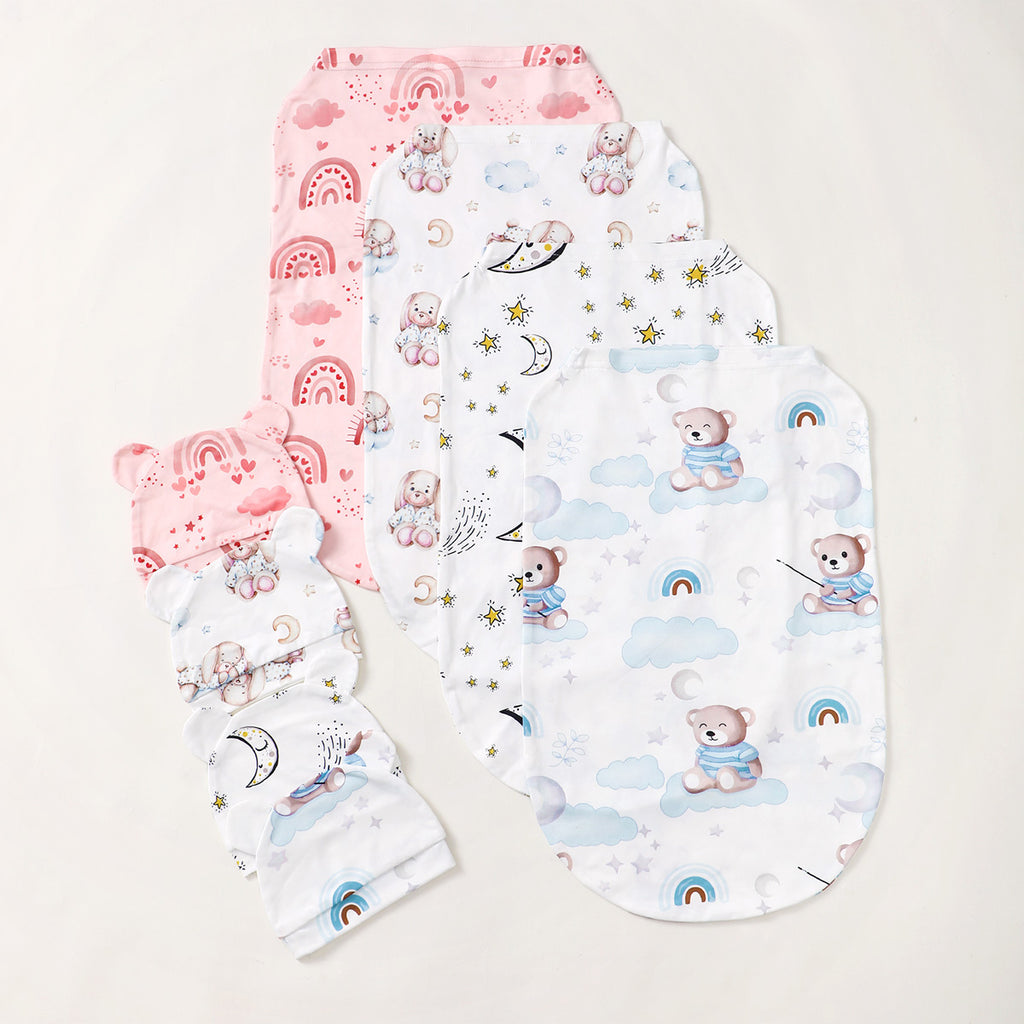 Mommbaby Newborn Swaddle & Hat Set – Soft Cartoon Print, US Stock, 3-Day Delivery