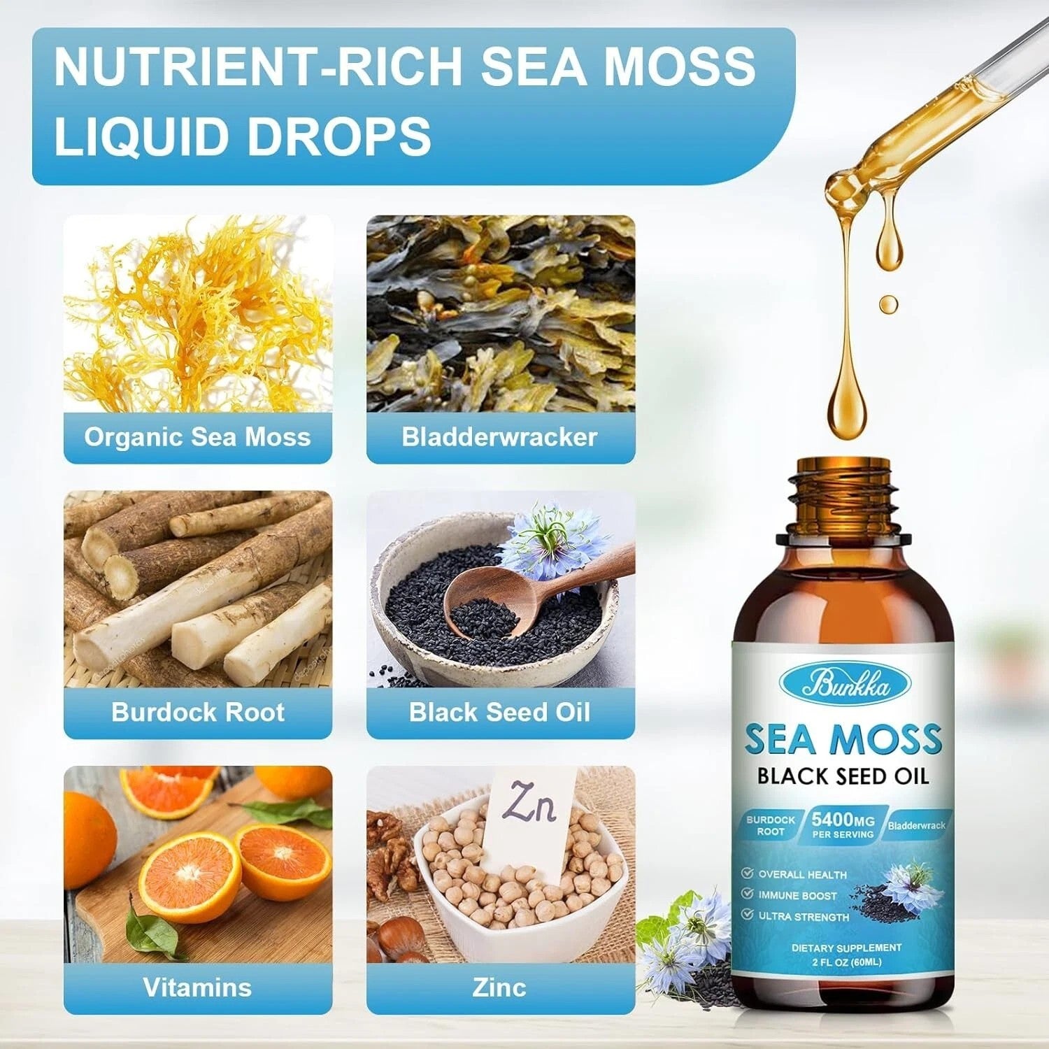 Sea Moss 3000mg + Black Seed Oil 1000mg Liquid Drops – Burdock Root & Bladderwrack | WildRush