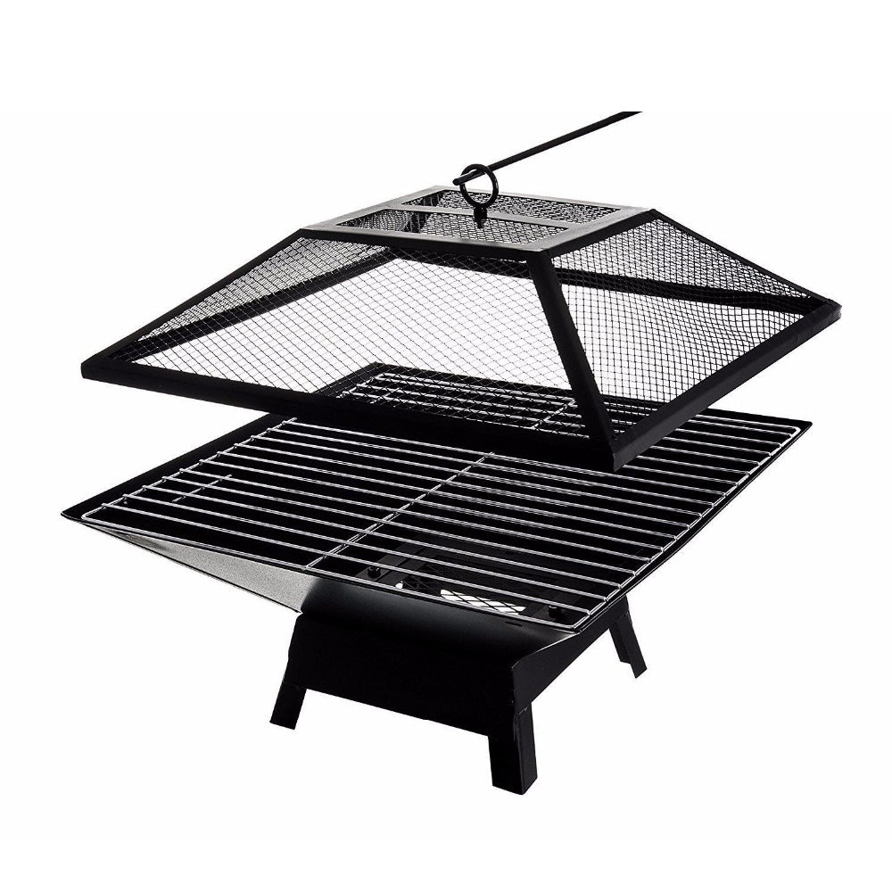 Square Outdoor Fire Pit & BBQ Grill – Portable Wood Burning Fireplace with Mesh Lid & Poker | Free US Shipping