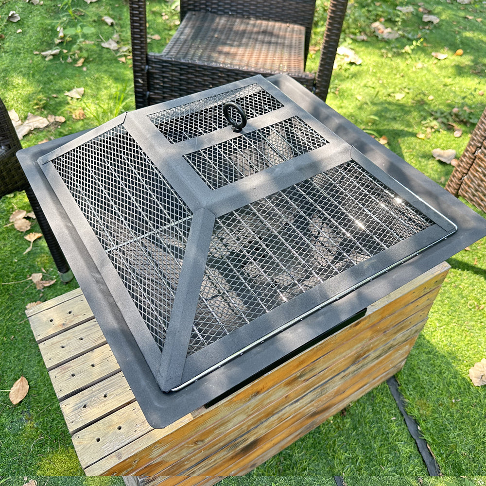 Square Outdoor Fire Pit & BBQ Grill – Portable Wood Burning Fireplace with Mesh Lid & Poker | Free US Shipping