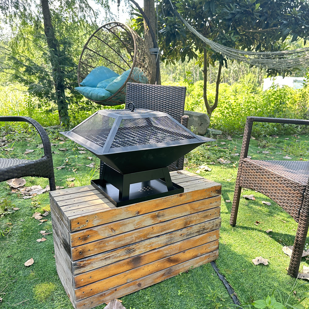 Square Outdoor Fire Pit & BBQ Grill – Portable Wood Burning Fireplace with Mesh Lid & Poker | Free US Shipping