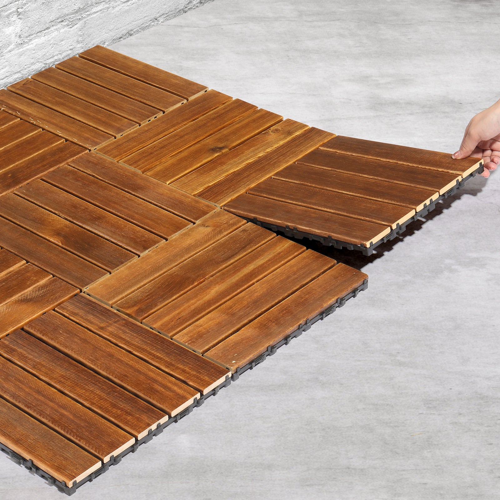 27-Piece Wood Interlocking Deck Tiles – 11.8" x 11.8" Stripe Pattern Natural Pine, Waterproof, Indoor & Outdoor Patio Flooring | Free US Shipping