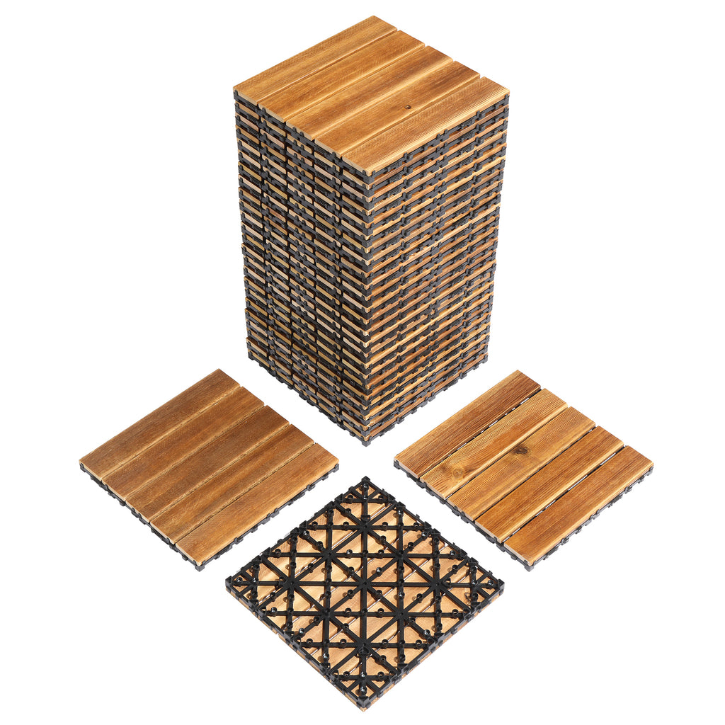 27-Piece Wood Interlocking Deck Tiles – 11.8" x 11.8" Stripe Pattern Natural Pine, Waterproof, Indoor & Outdoor Patio Flooring | Free US Shipping