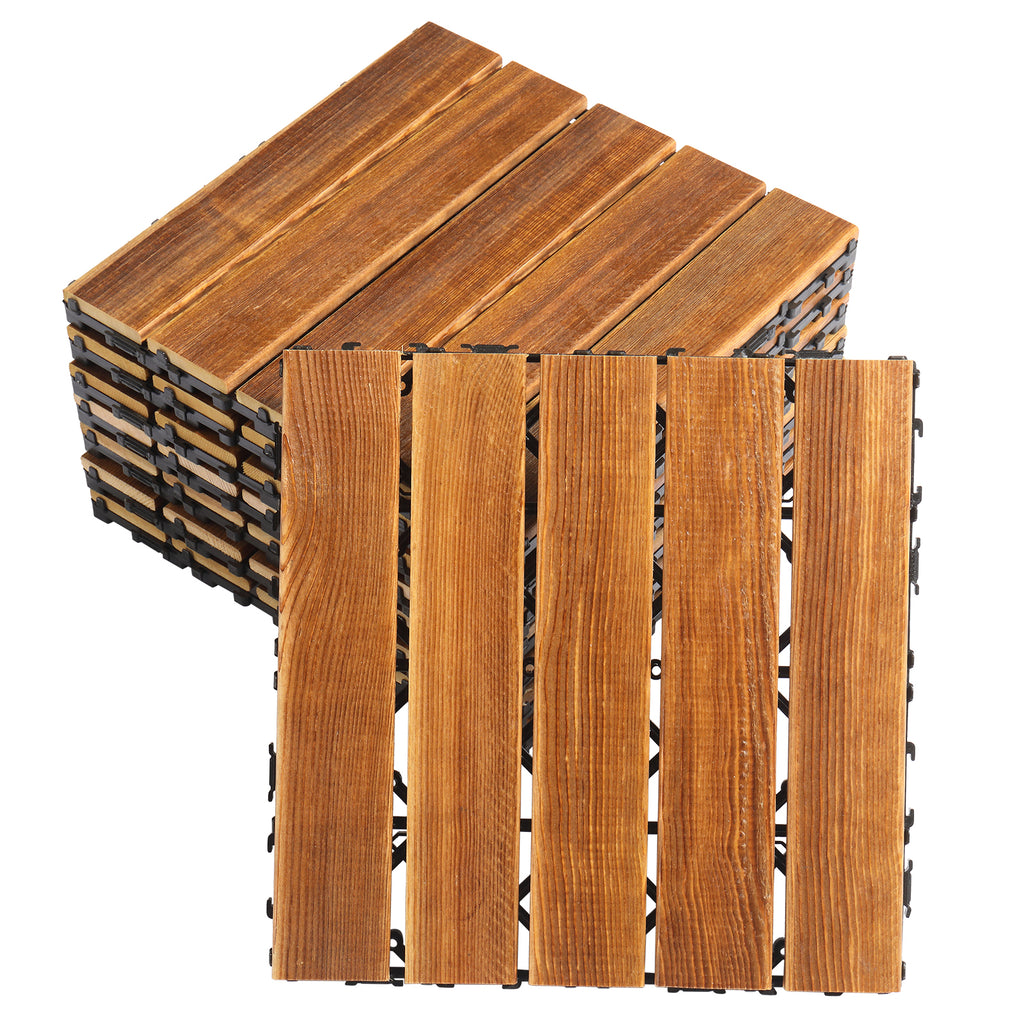 27-Piece Wood Interlocking Deck Tiles – 11.8" x 11.8" Stripe Pattern Natural Pine, Waterproof, Indoor & Outdoor Patio Flooring | Free US Shipping