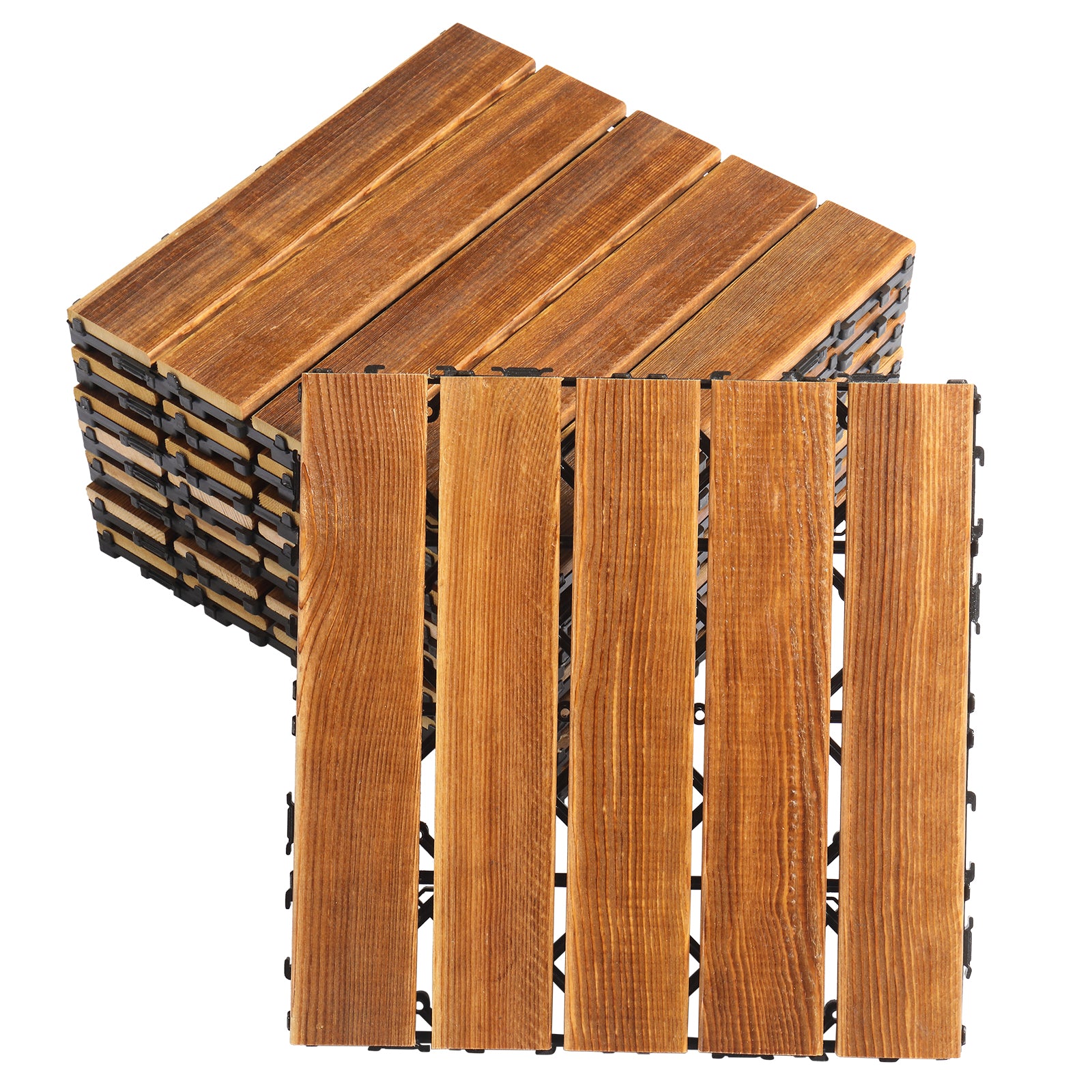 27-Piece Wood Interlocking Deck Tiles – 11.8" x 11.8" Stripe Pattern Natural Pine, Waterproof, Indoor & Outdoor Patio Flooring | Free US Shipping