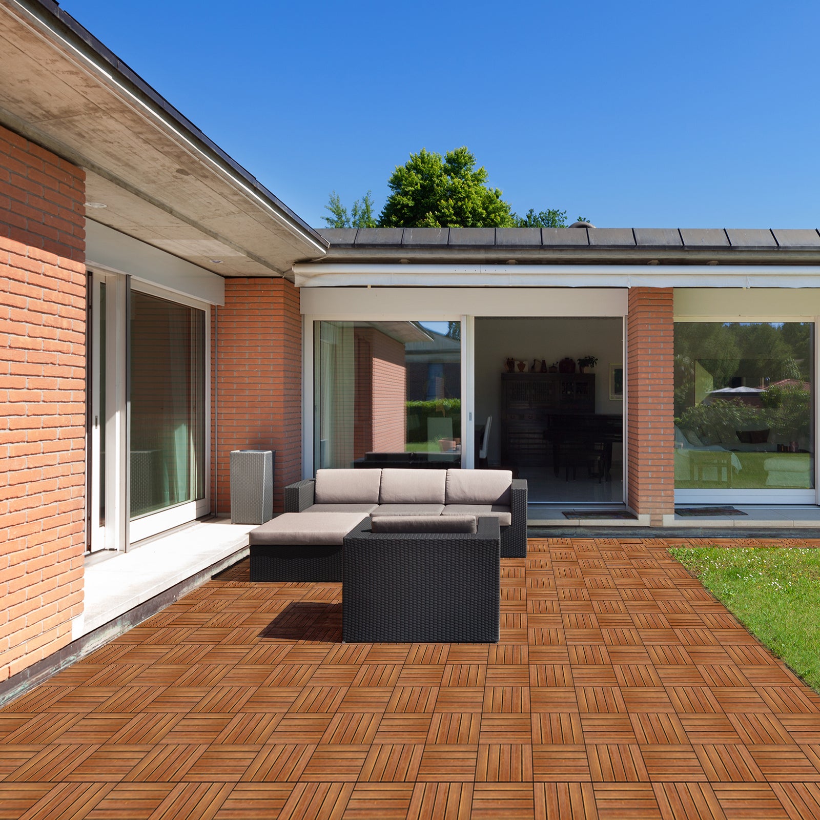 27-Piece Wood Interlocking Deck Tiles – 11.8" x 11.8" Stripe Pattern Natural Pine, Waterproof, Indoor & Outdoor Patio Flooring | Free US Shipping
