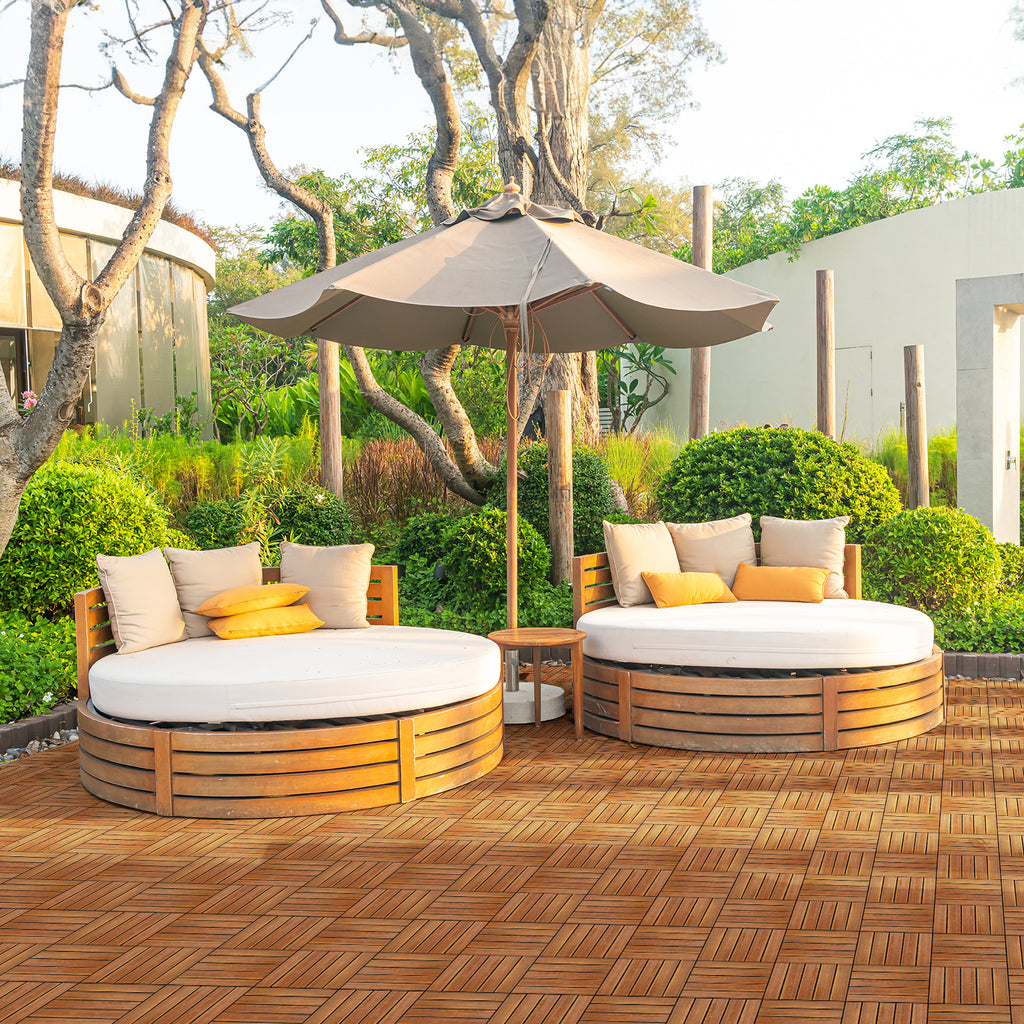 27-Piece Wood Interlocking Deck Tiles – 11.8" x 11.8" Stripe Pattern Natural Pine, Waterproof, Indoor & Outdoor Patio Flooring | Free US Shipping