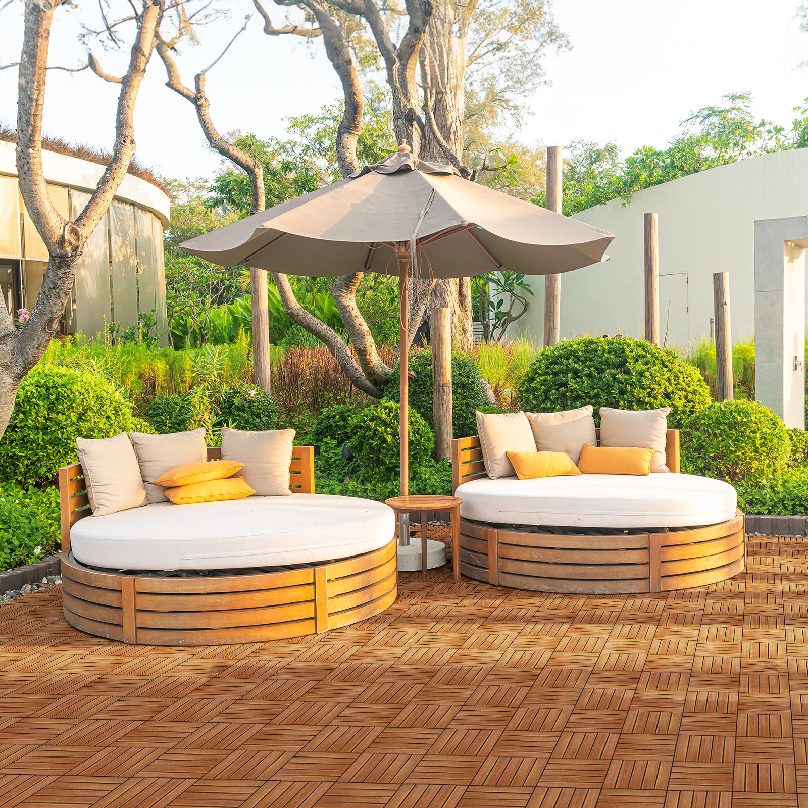 27-Piece Wood Interlocking Deck Tiles – 11.8" x 11.8" Stripe Pattern Natural Pine, Waterproof, Indoor & Outdoor Patio Flooring | Free US Shipping
