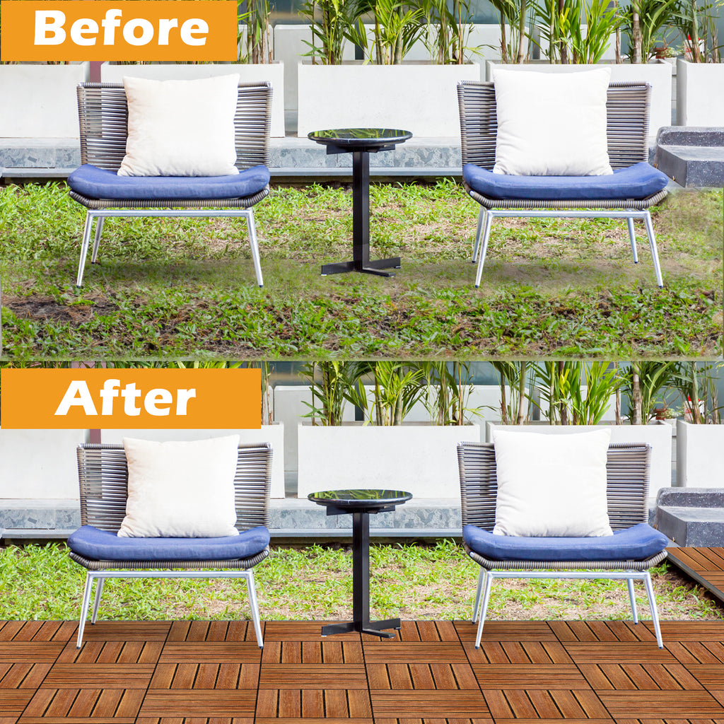 27-Piece Wood Interlocking Deck Tiles – 11.8" x 11.8" Stripe Pattern Natural Pine, Waterproof, Indoor & Outdoor Patio Flooring | Free US Shipping