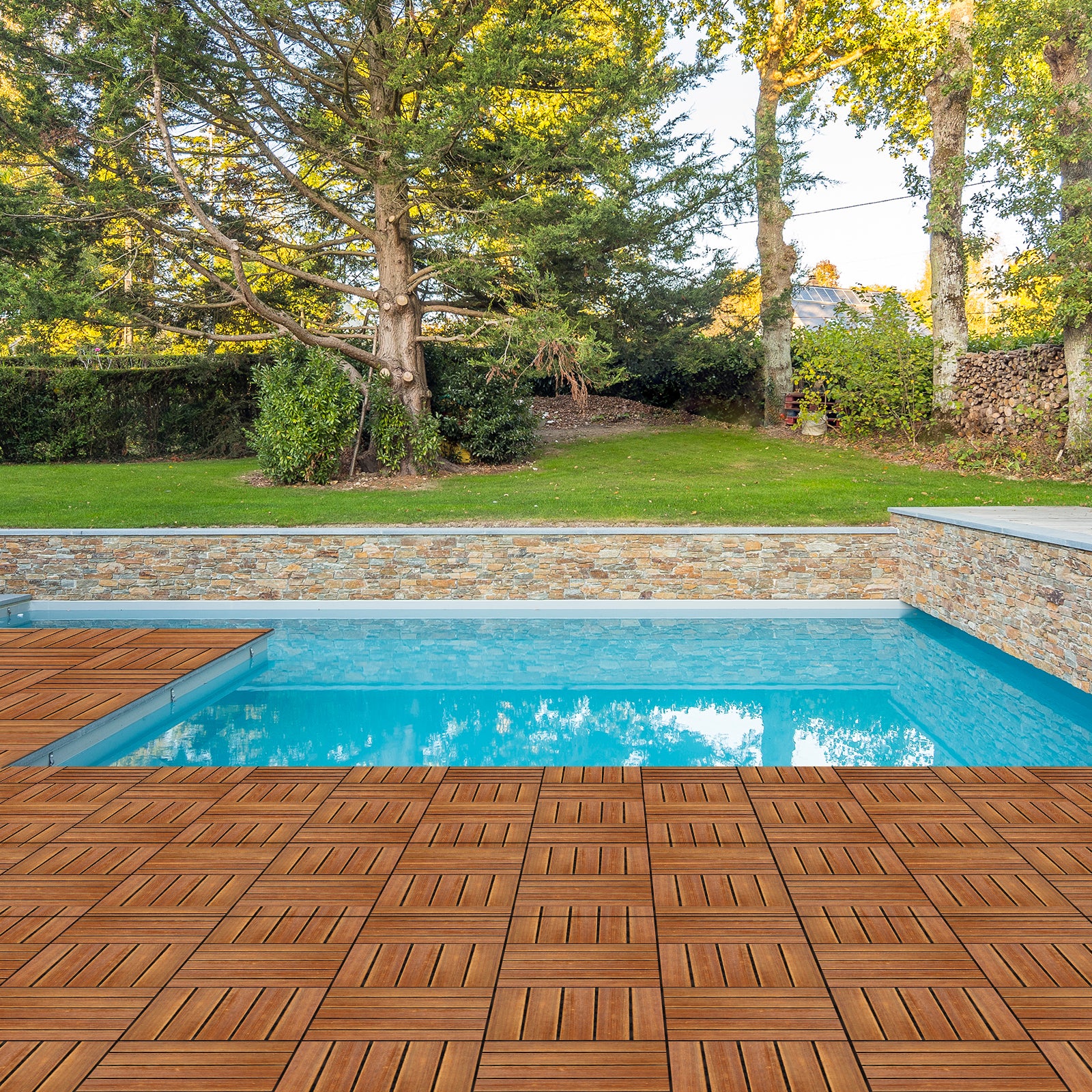 27-Piece Wood Interlocking Deck Tiles – 11.8" x 11.8" Stripe Pattern Natural Pine, Waterproof, Indoor & Outdoor Patio Flooring | Free US Shipping