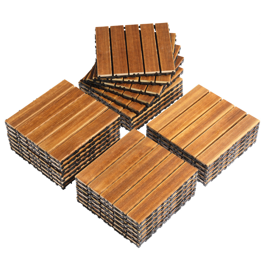 27-Piece Wood Interlocking Deck Tiles – 11.8" x 11.8" Stripe Pattern Natural Pine, Waterproof, Indoor & Outdoor Patio Flooring | Free US Shipping