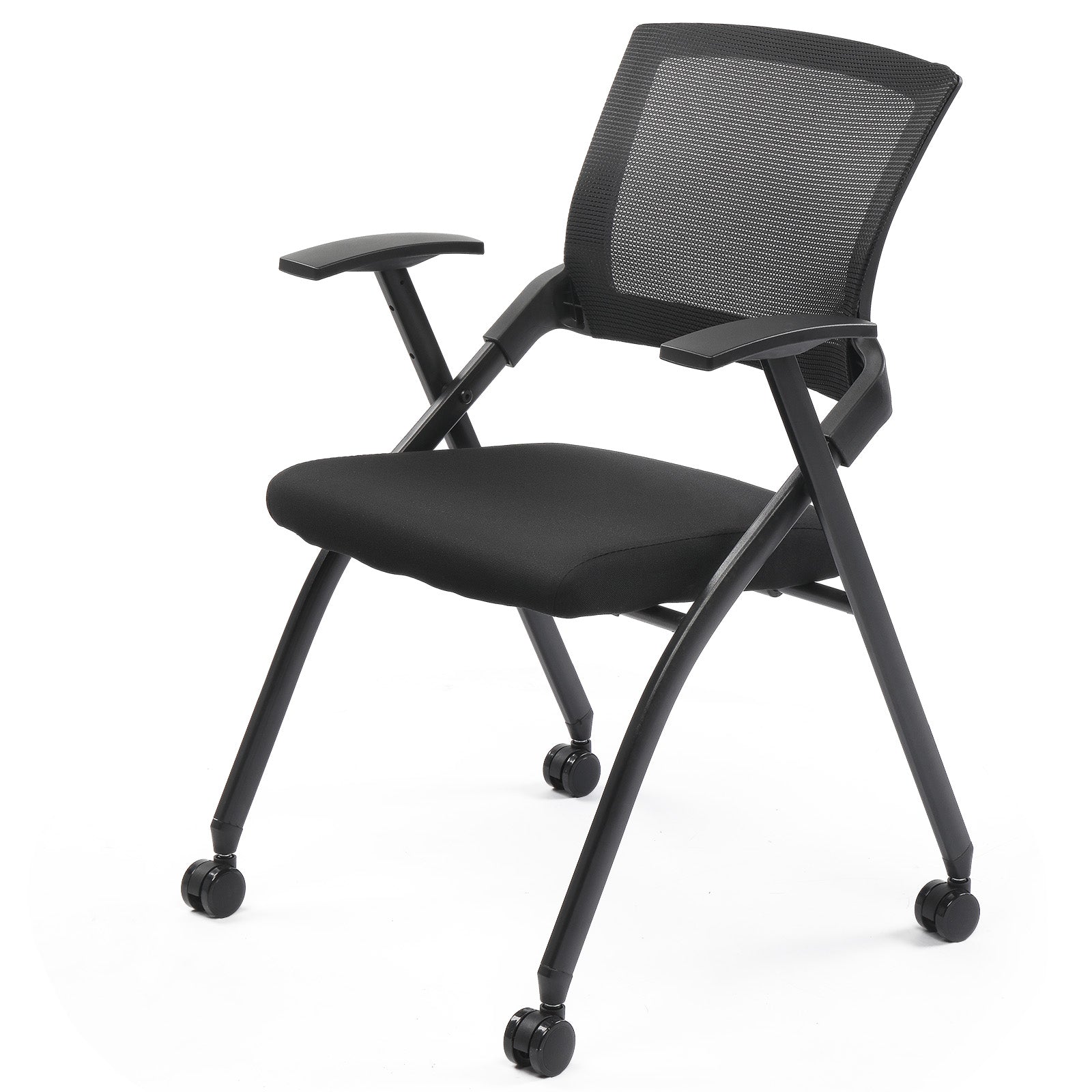 2 Pack Stackable Conference Room Chairs with Wheels, Folding Office Chair with Rebound Back, Padded Seat for Training Room, Guest, Reception, Event, Capacity 350lbs, Black