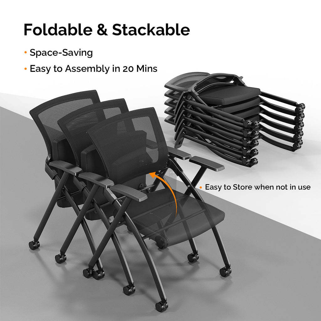 2 Pack Stackable Conference Room Chairs with Wheels, Folding Office Chair with Rebound Back, Padded Seat for Training Room, Guest, Reception, Event, Capacity 350lbs, Black