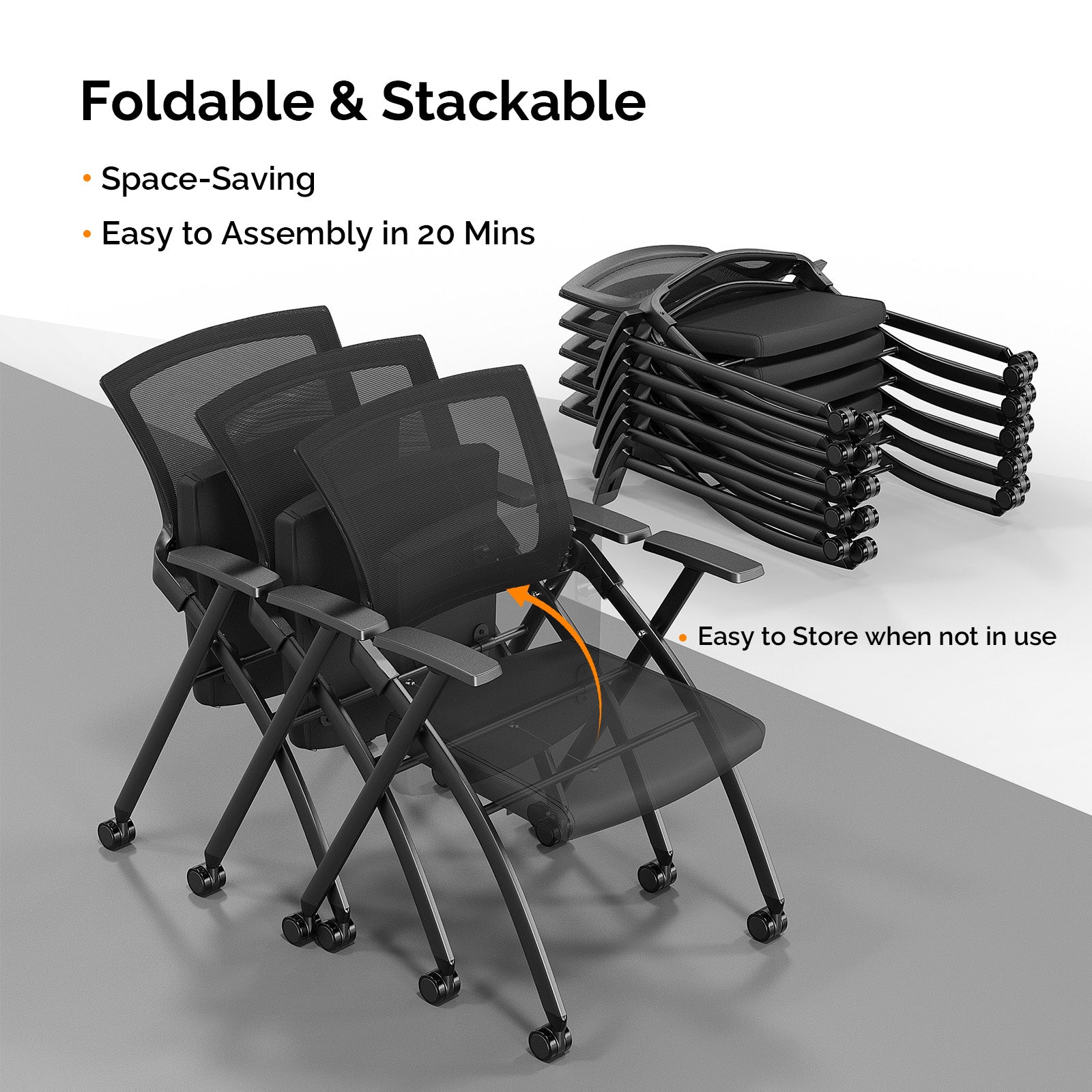 2 Pack Stackable Conference Room Chairs with Wheels, Folding Office Chair with Rebound Back, Padded Seat for Training Room, Guest, Reception, Event, Capacity 350lbs, Black