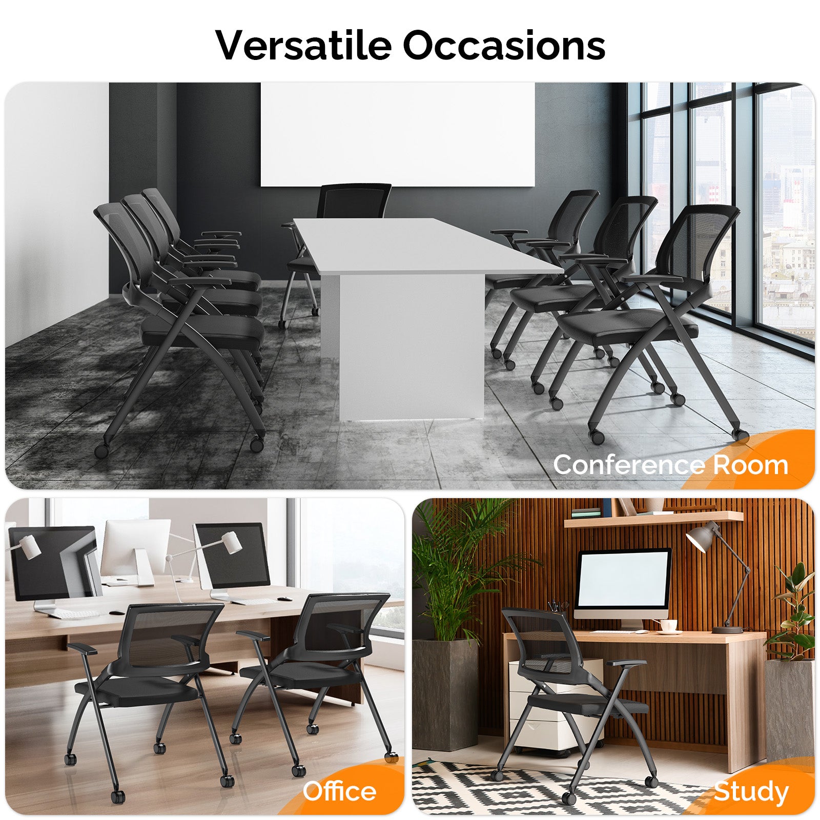 2 Pack Stackable Conference Room Chairs with Wheels, Folding Office Chair with Rebound Back, Padded Seat for Training Room, Guest, Reception, Event, Capacity 350lbs, Black