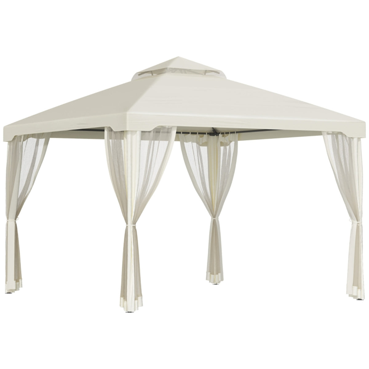 9.6 x 9.6 ft Outdoor Patio Gazebo with Mesh Walls & 2-Tier Canopy – UV-Resistant Polyester, Steel Frame, Cream White | Free US Shipping