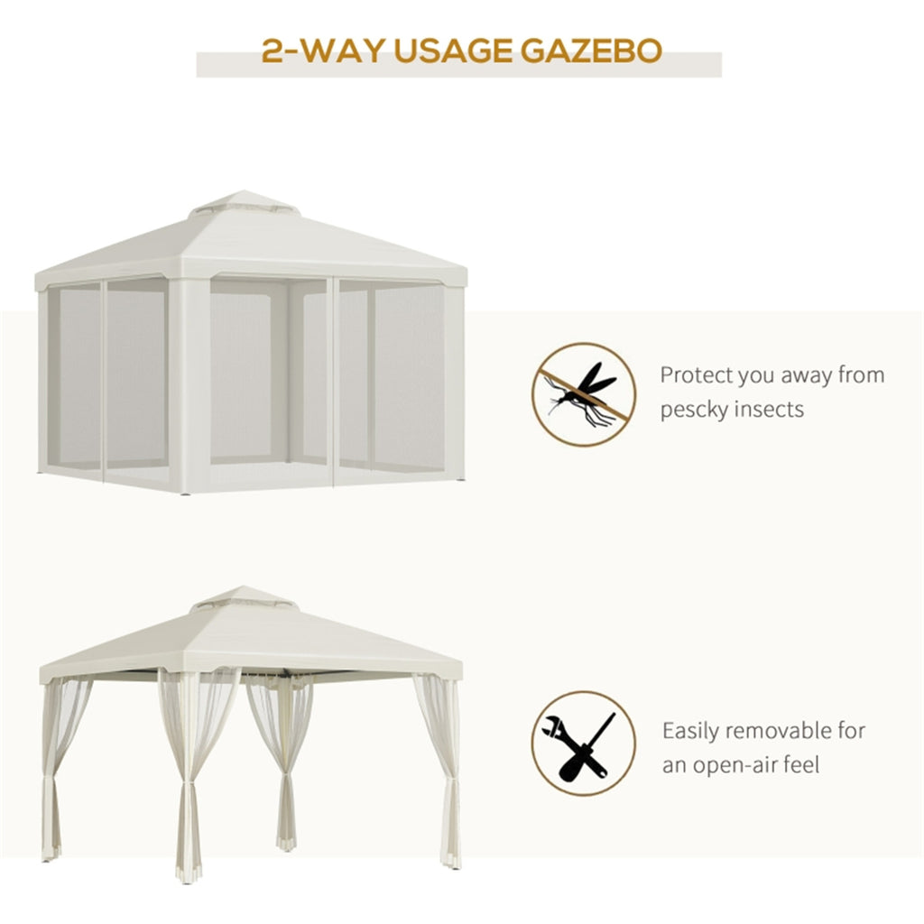9.6 x 9.6 ft Outdoor Patio Gazebo with Mesh Walls & 2-Tier Canopy – UV-Resistant Polyester, Steel Frame, Cream White | Free US Shipping