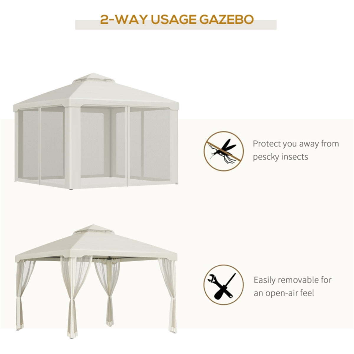 9.6 x 9.6 ft Outdoor Patio Gazebo with Mesh Walls & 2-Tier Canopy – UV-Resistant Polyester, Steel Frame, Cream White | Free US Shipping