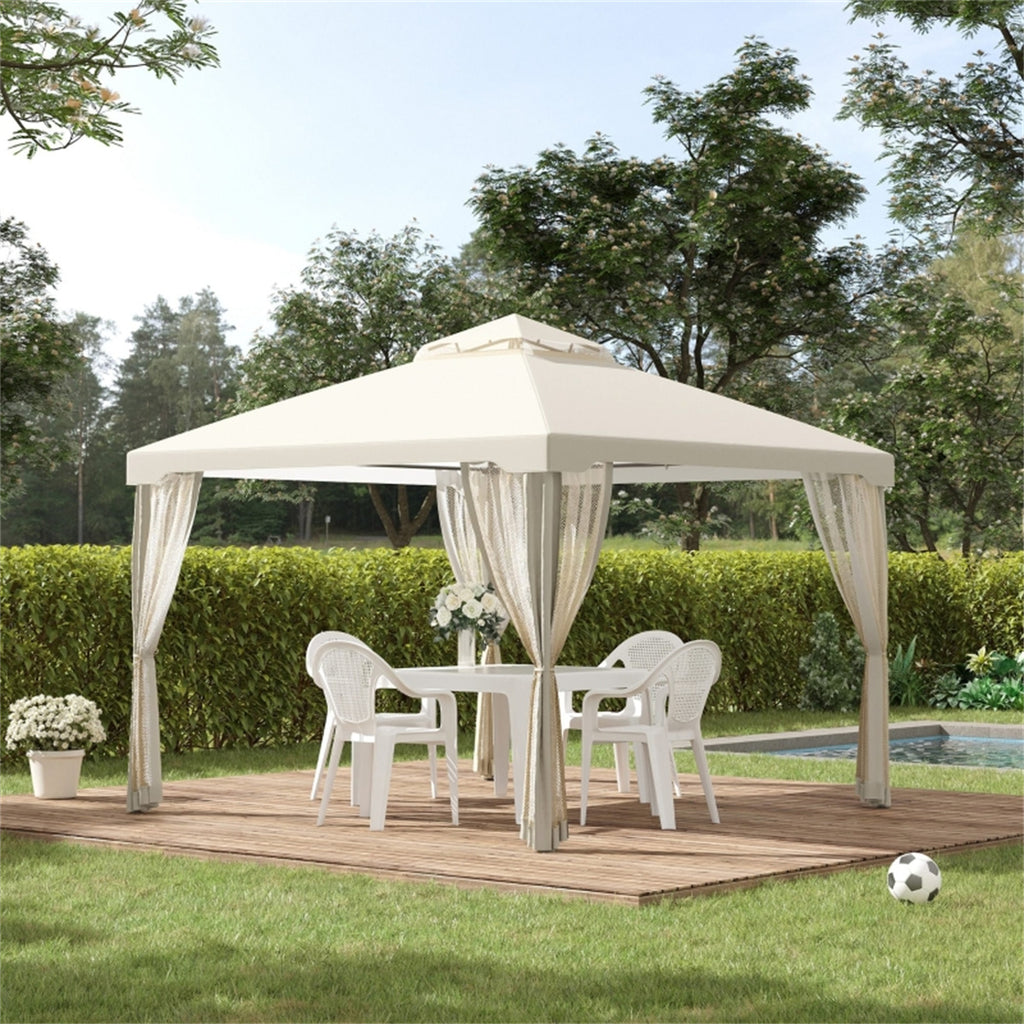 9.6 x 9.6 ft Outdoor Patio Gazebo with Mesh Walls & 2-Tier Canopy – UV-Resistant Polyester, Steel Frame, Cream White | Free US Shipping