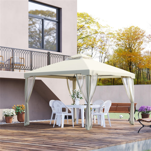 9.6 x 9.6 ft Outdoor Patio Gazebo with Mesh Walls & 2-Tier Canopy – UV-Resistant Polyester, Steel Frame, Cream White | Free US Shipping