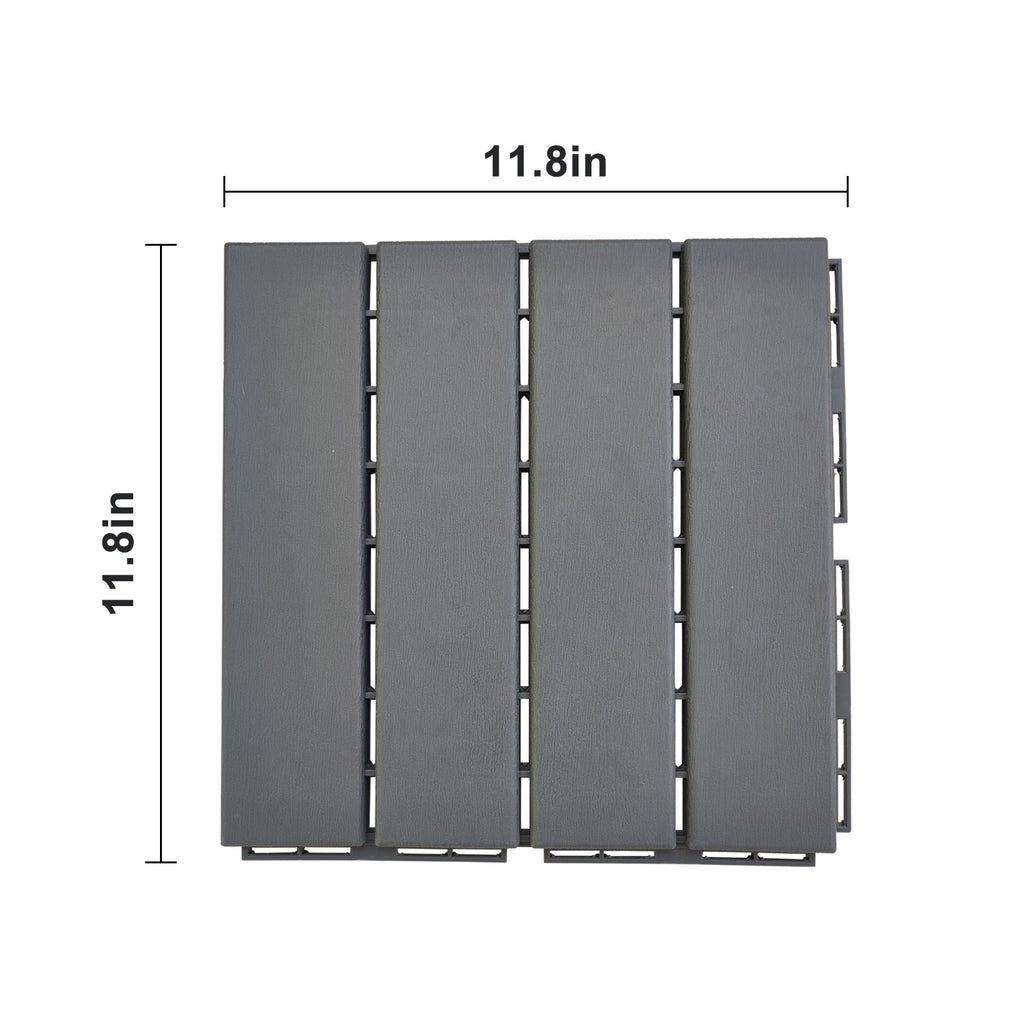 27-Pack Plastic Interlocking Deck Tiles – 11.8" x 11.8" Dark Grey, Waterproof Wood-Grain Finish, Indoor & Outdoor Patio Flooring | Free US Shipping